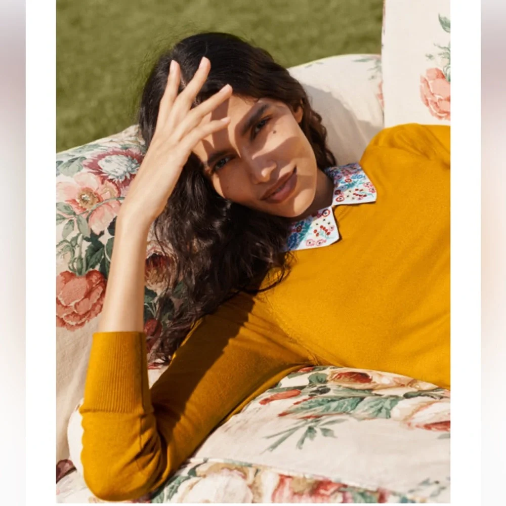 Boden Colette Collar Sweater with Floral Embroidered Collar in Tuscan Sun - Picture 1 of 6